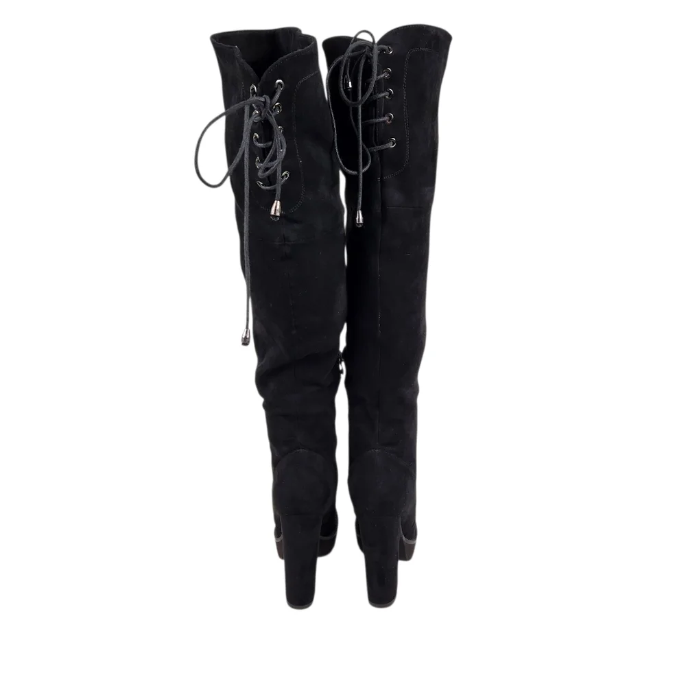Isnom Black Suede Leather Chunky Lug Sole Over The Knee Tall Boot Women Size 9.5